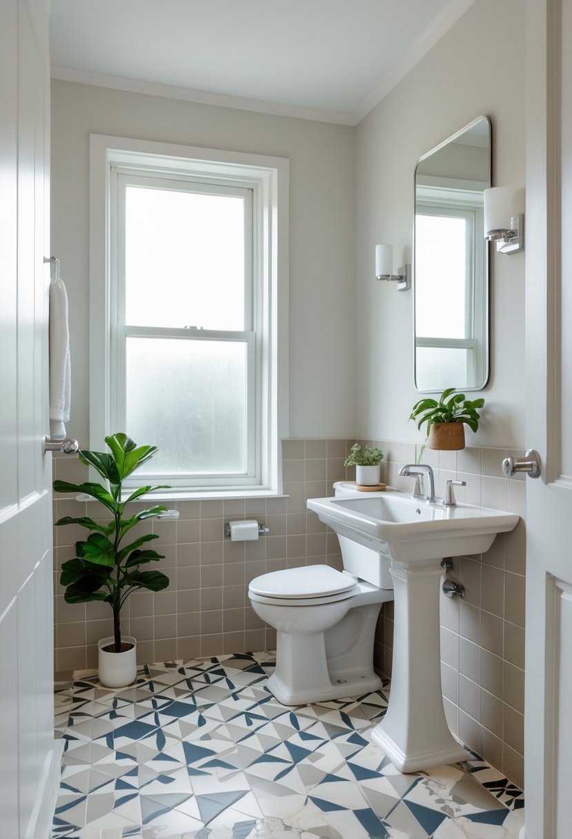 A guest bathroom with geometric patterned floor tiles, a white pedestal sink, a wall-mounted mirror, and a small potted plant on a wooden shelf.