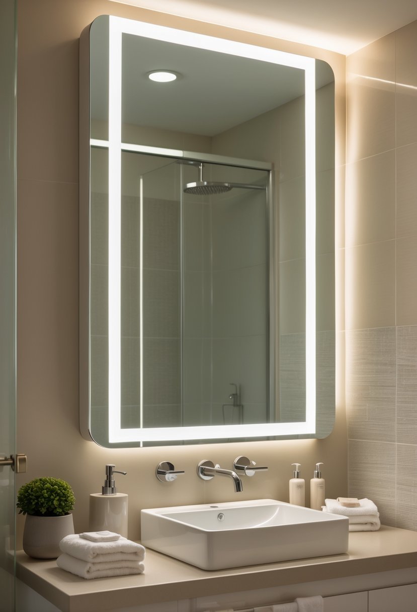 A guest bathroom with a backlit LED mirror above a white vanity and soft lighting.