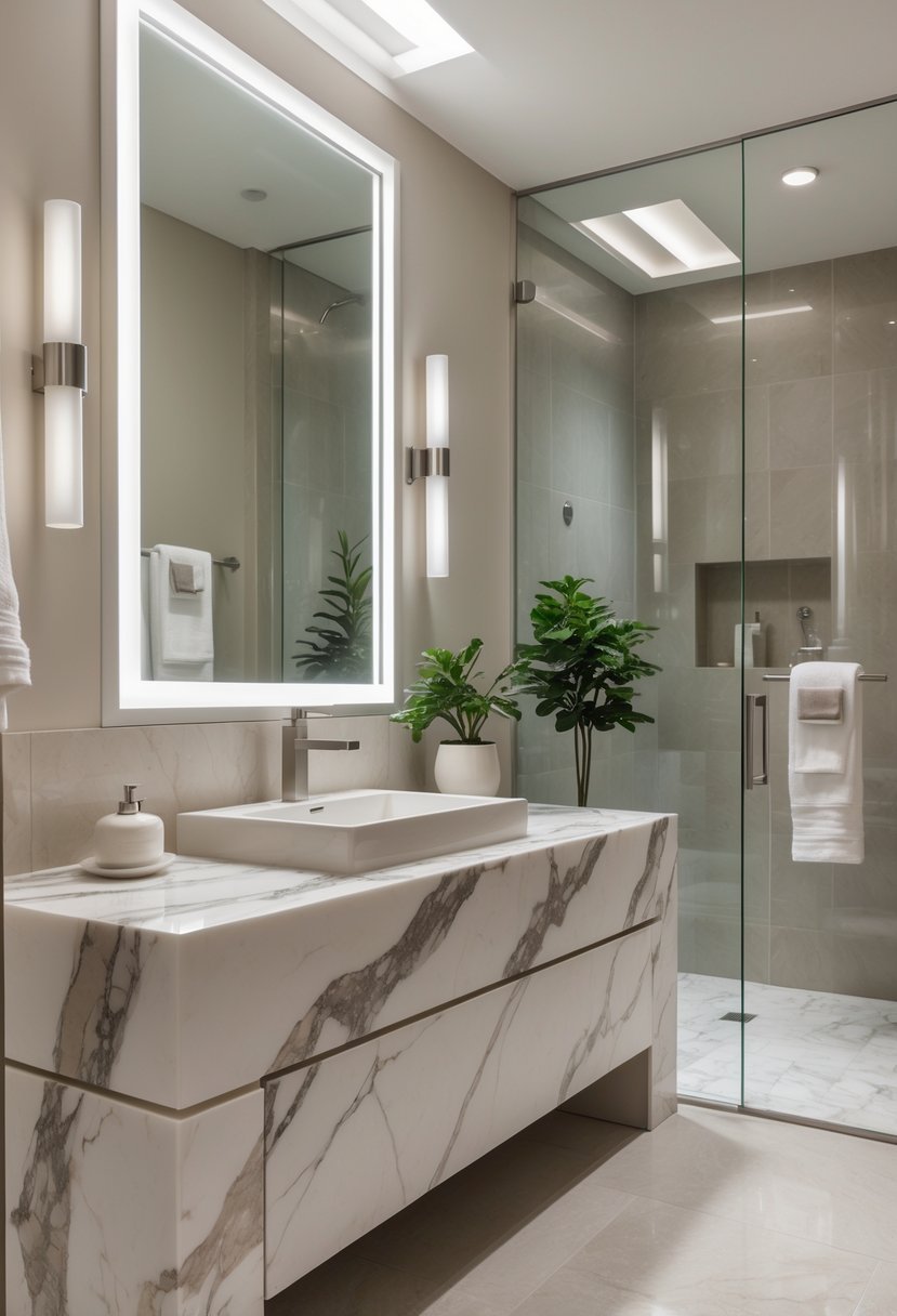 Guest bathroom with a marble countertop that extends down the sides, a sink, glass shower, and decorative plants.