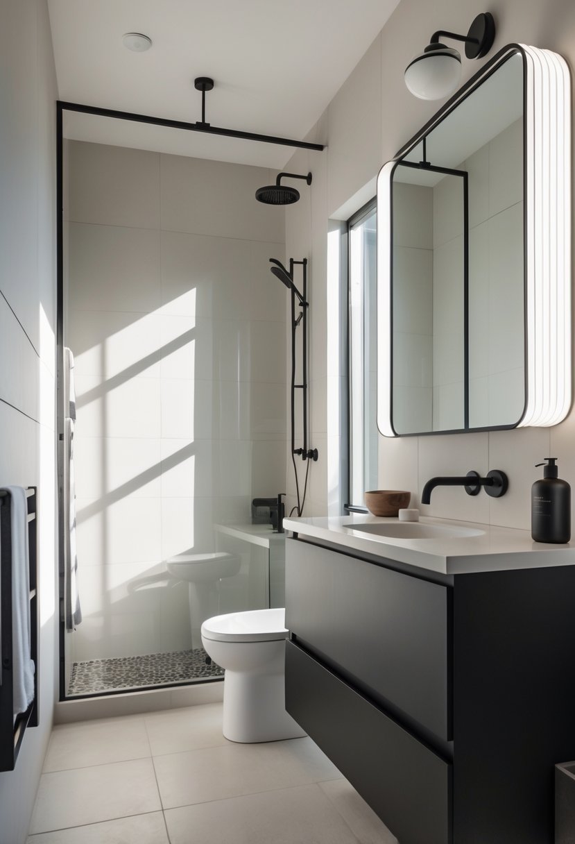 A guest bathroom with matte black fixtures and light-colored walls, including a faucet, towel rack, and showerhead.