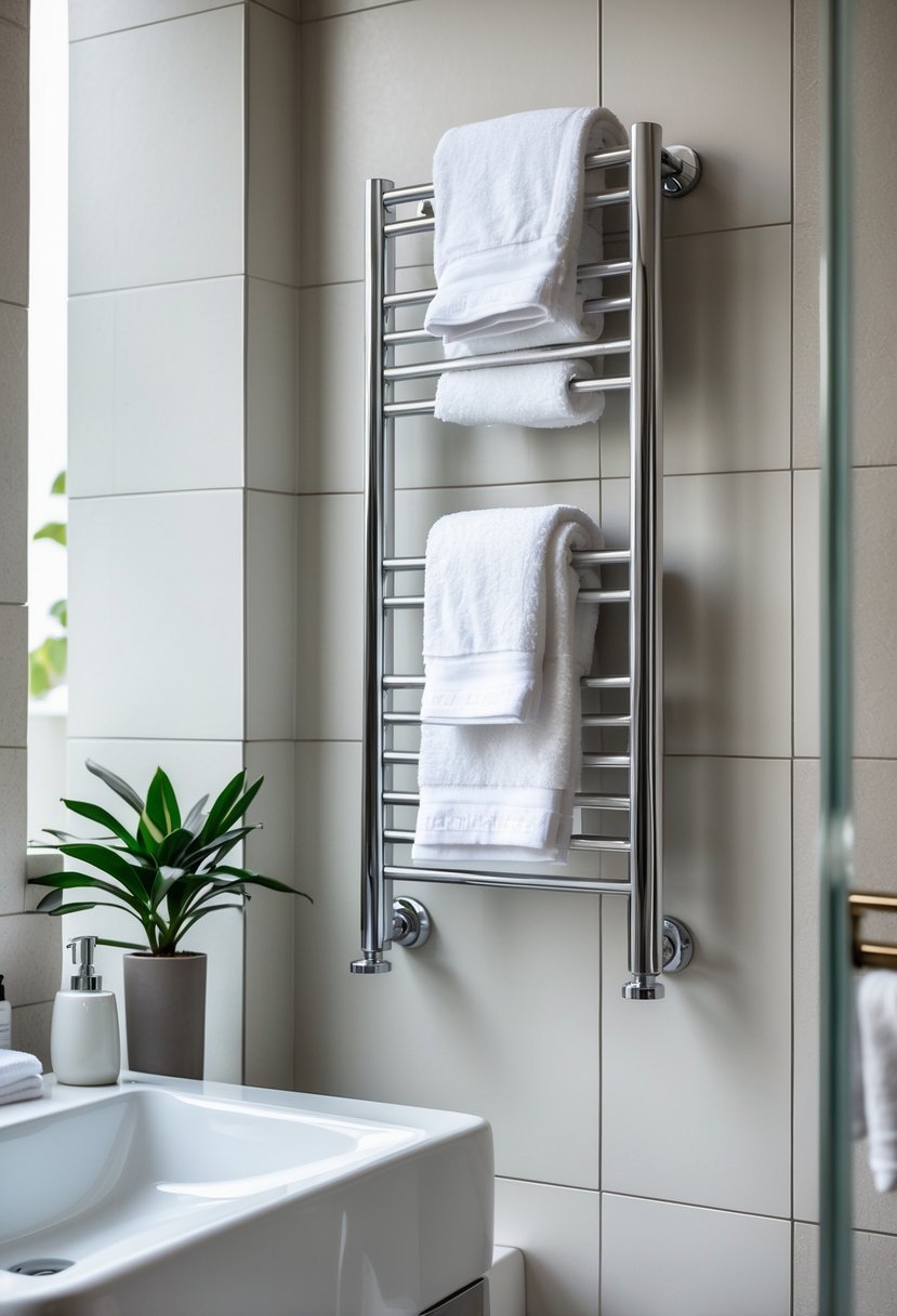 A guest bathroom with a compact heated towel rack holding white towels mounted on the wall near the sink.