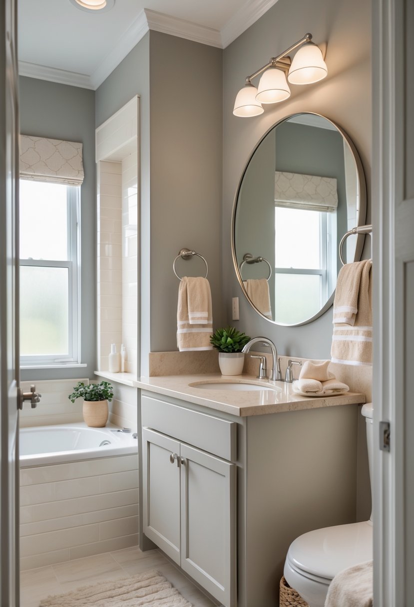 A guest bathroom with a vanity, round mirror, towels, potted plant, bathtub, and neutral gray and beige walls.