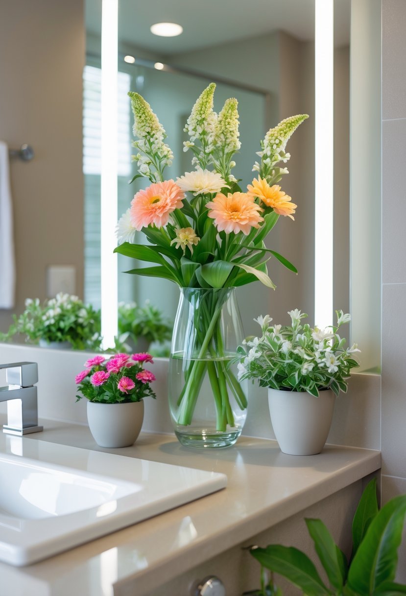 A guest bathroom countertop with fresh flowers in a vase and small potted plants arranged neatly.