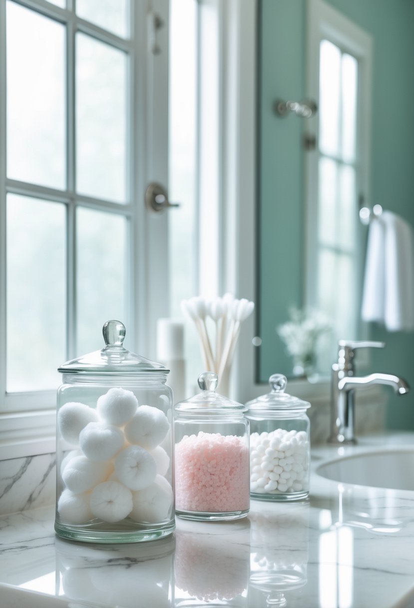 Clear glass jars holding cotton balls, cotton swabs, and bath salts arranged on a bathroom countertop next to a sink.