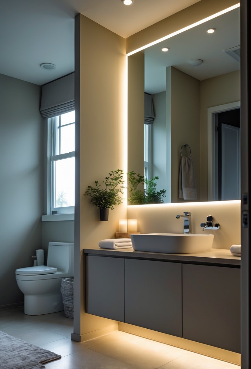 A clean guest bathroom with a motion-activated night light softly illuminating the floor near the sink.