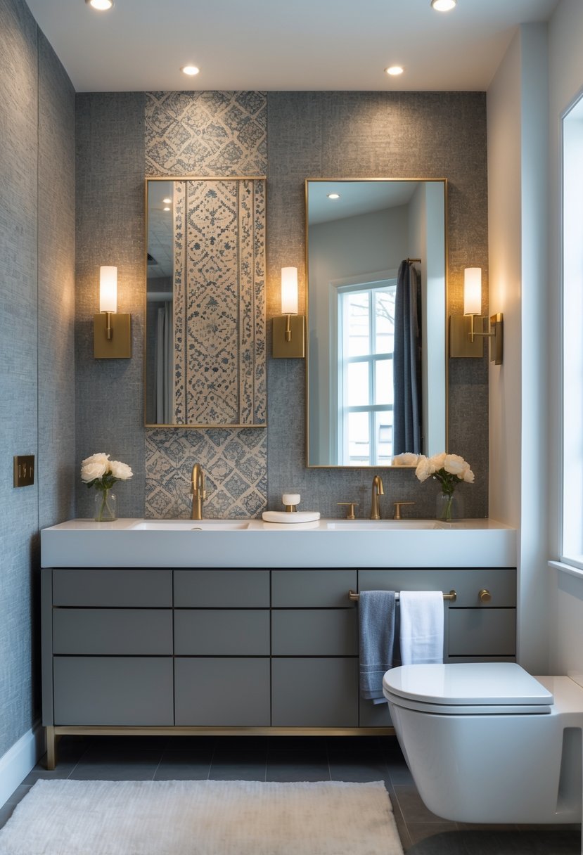 Guest bathroom with a statement wall covered in textured wallpaper or tile, a vanity with sink, and a mirror.