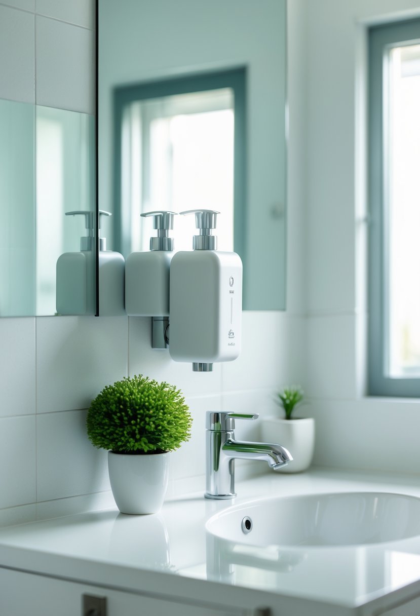 A clean guest bathroom with a wall-mounted soap dispenser next to a white sink and a small green plant on the countertop.