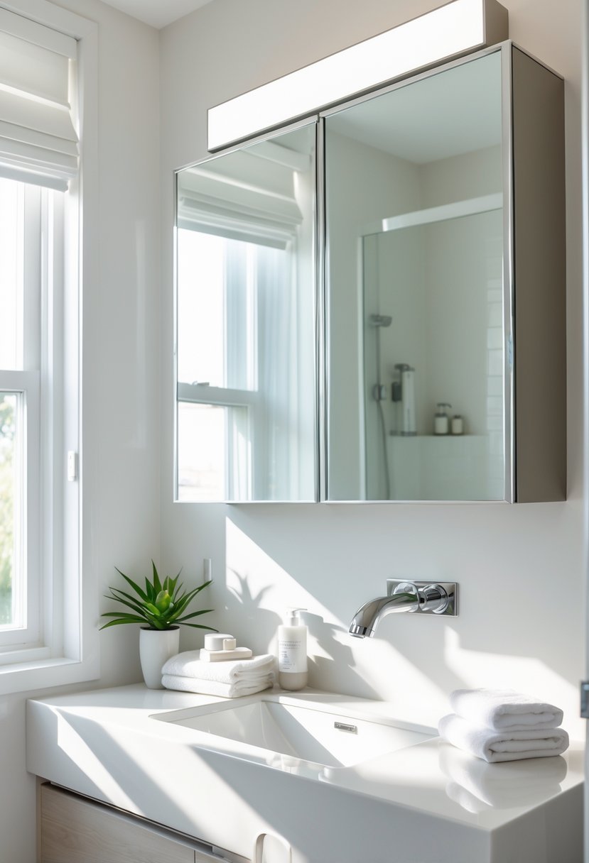 A guest bathroom with a space-saving mirrored medicine cabinet above a white sink and minimalist decor.