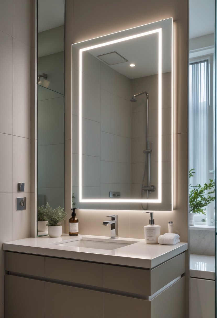 A modern bathroom with a backlit LED mirror above a vanity, illuminated softly with bathroom accessories on the countertop.