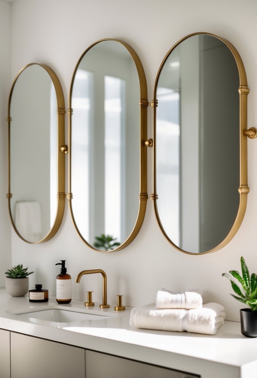 A bathroom with oval mirrors framed in brass above a white countertop with bathroom accessories and a small plant.