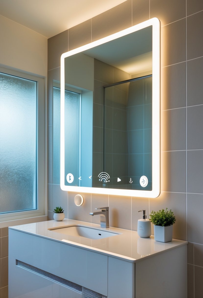A modern bathroom with a large smart mirror featuring built-in Bluetooth speakers above a white vanity with bathroom accessories.