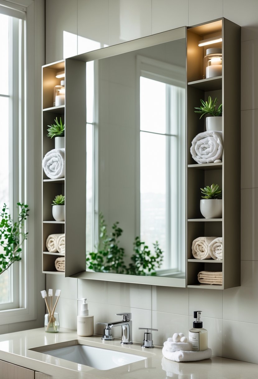 A bathroom with a large mirror that has built-in shelves holding towels, plants, and toiletries above a clean countertop.