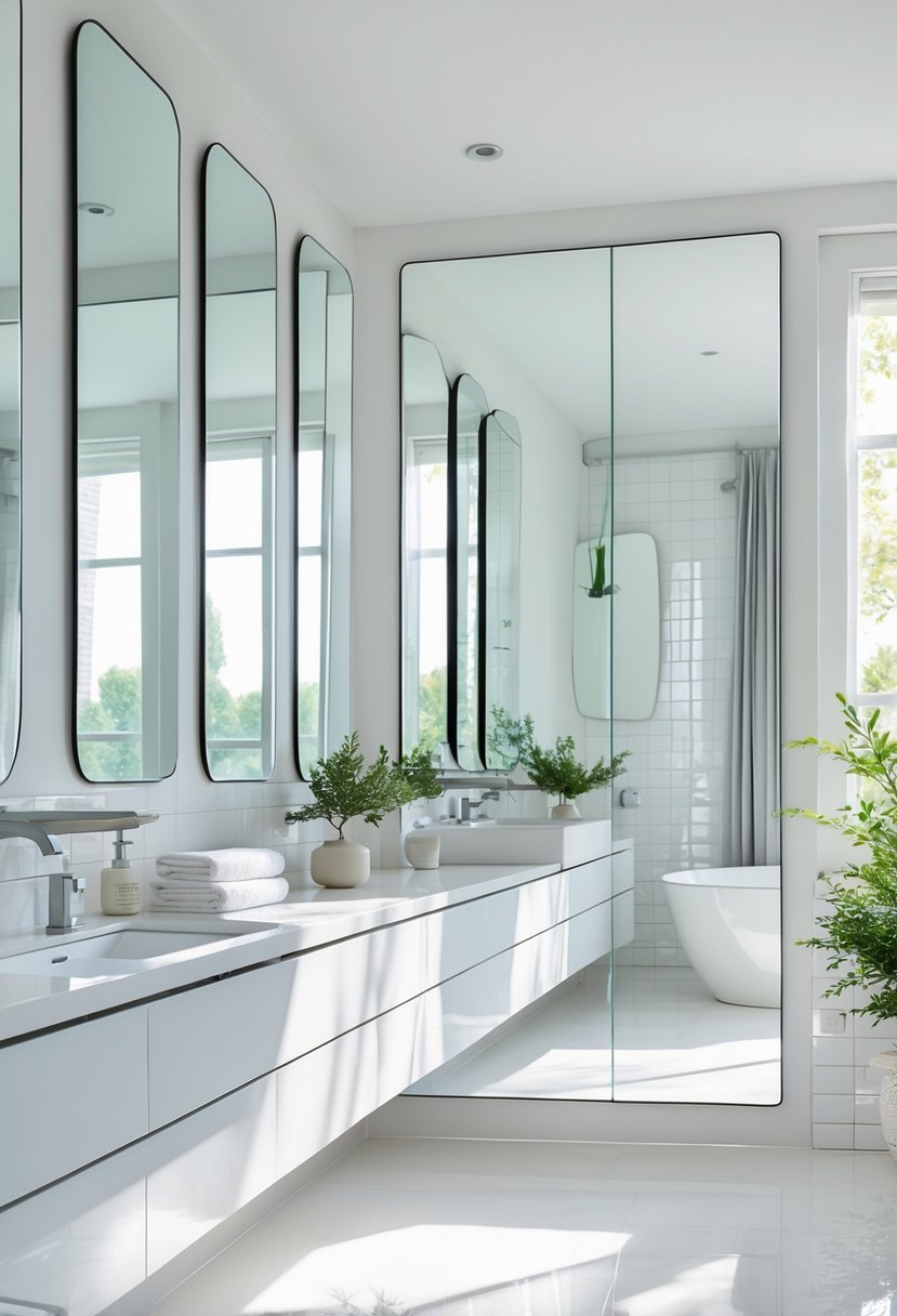 A modern bathroom with full-length beveled edge mirrors, a sleek vanity, and natural light reflecting in the mirrors.