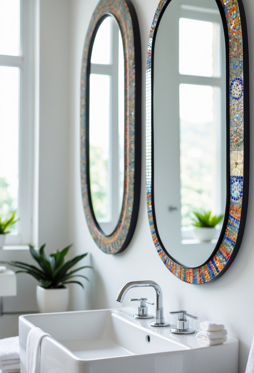 A bathroom wall with three mirrors featuring decorative mosaic frames above a sink with chrome faucets and a small plant nearby.