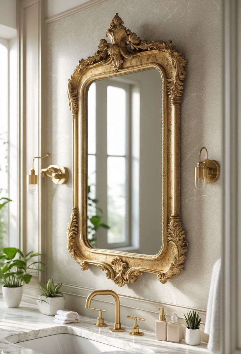 A bathroom with an ornate gold-framed mirror above a marble vanity, featuring modern fixtures and decorative plants.