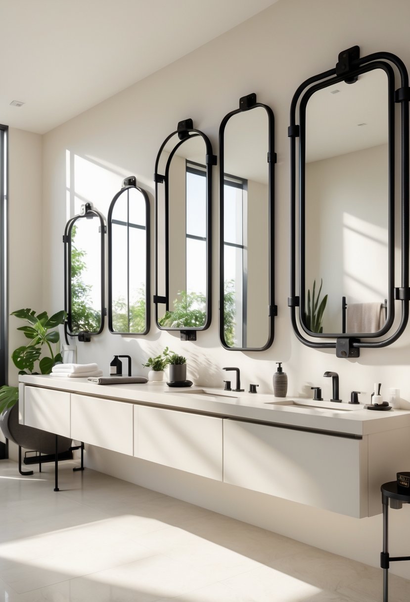 A modern bathroom with several black metal framed mirrors mounted on the wall above a countertop with plants and toiletries.