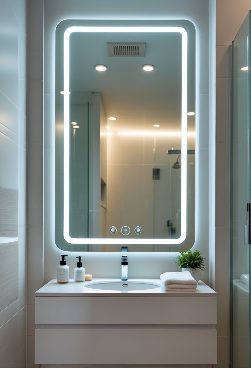 A modern bathroom with a clear large mirror above a white vanity, showing bathroom accessories and a glass shower in the background.