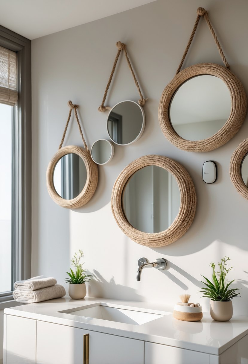 A bathroom wall with several circular mirrors hanging by rope above a white vanity with bathroom accessories.