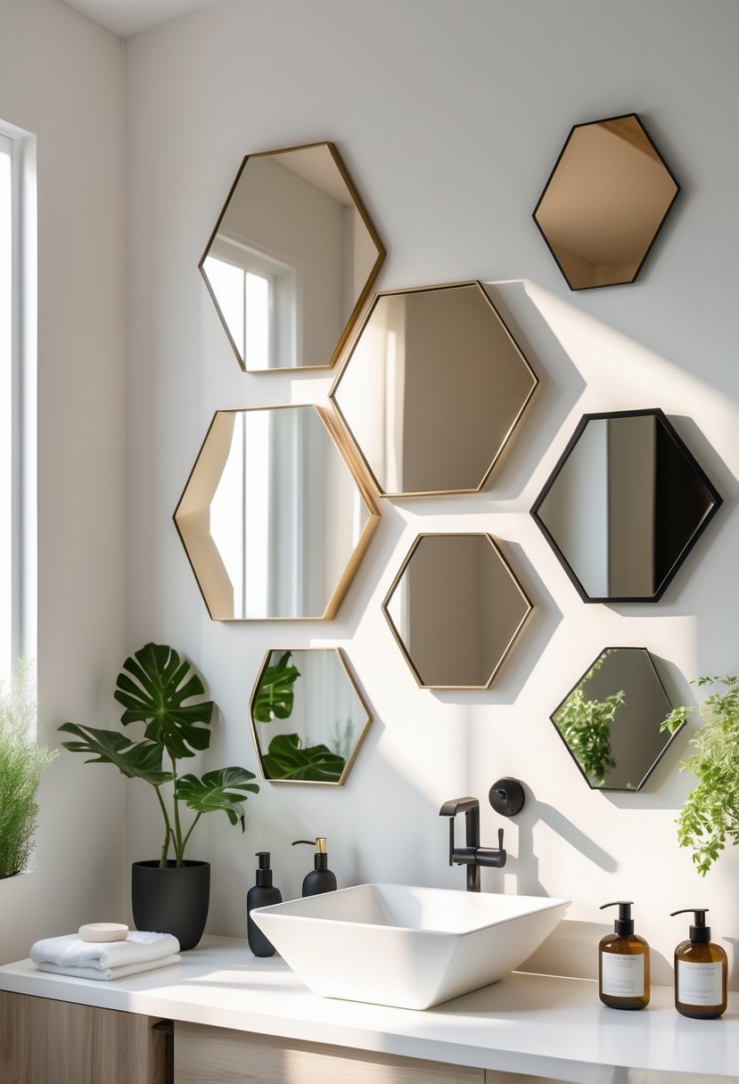 A bathroom wall with multiple polygon-shaped mirrors above a white sink and countertop with plants and bathroom accessories.