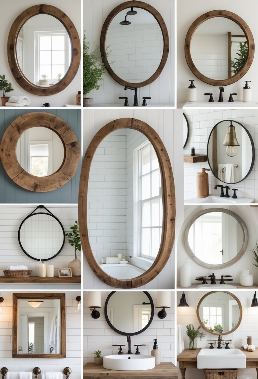 A bathroom with multiple wood-framed mirrors above sinks, surrounded by simple decor and natural light.