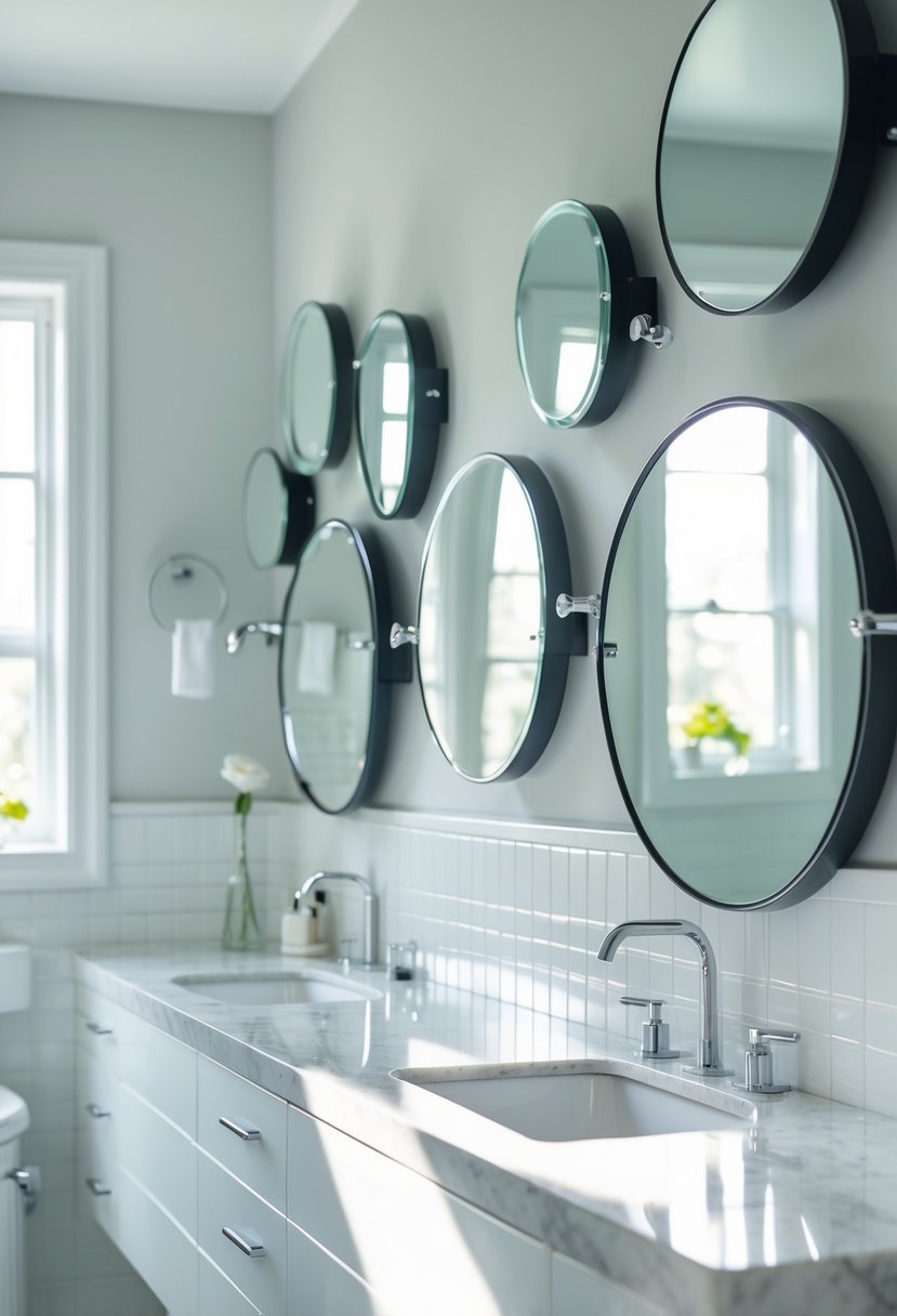 A modern bathroom with several adjustable swivel-mounted mirrors above a vanity and natural light coming through a window.