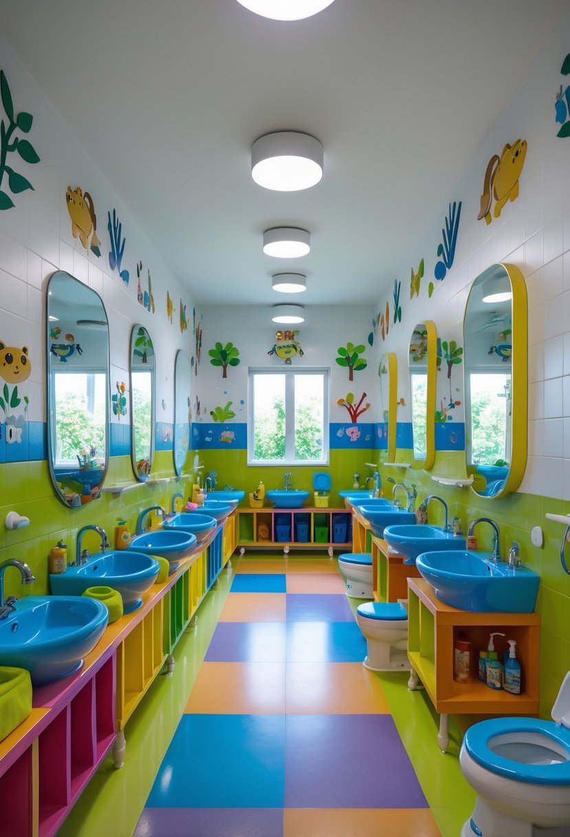A spacious children's bathroom with multiple sinks, toilets, colorful tiles, and playful decorations designed for many kids.