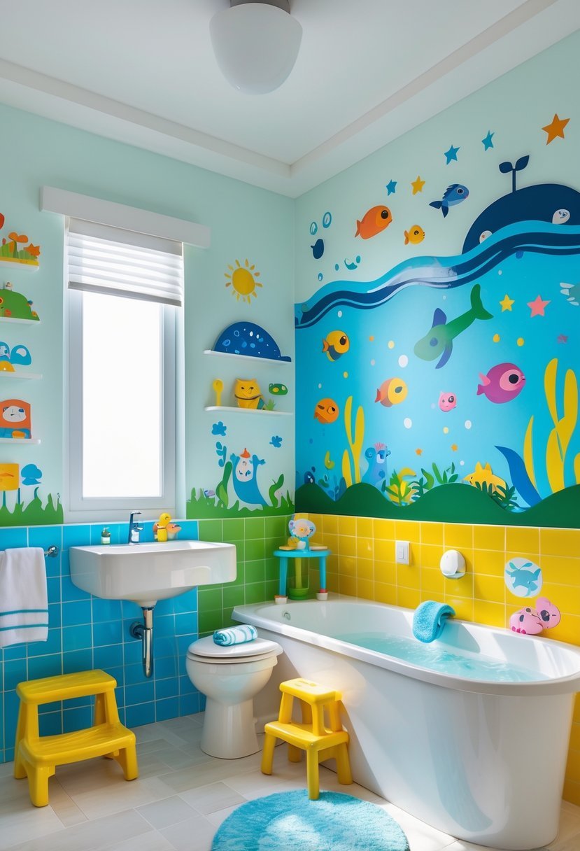 A kids bathroom with colorful walls decorated with playful peel-and-stick decals, a small sink, bathtub, and child-friendly accessories.