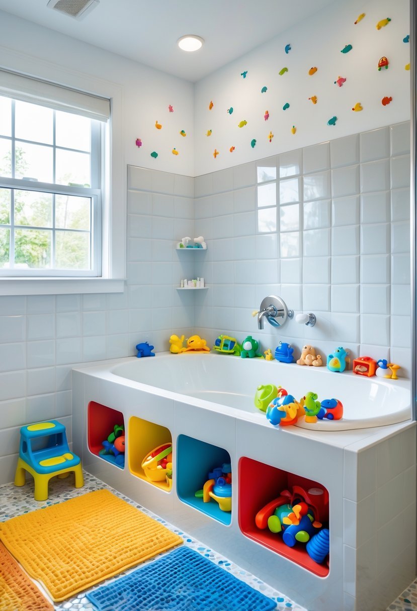 A kids bathroom with built-in storage bins holding bath toys neatly arranged around a bathtub.