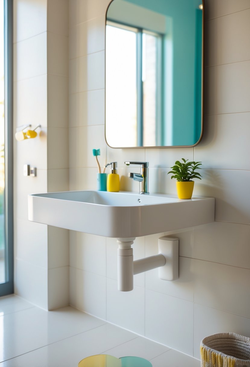 A kids bathroom with an adjustable-height sink and colorful accessories.