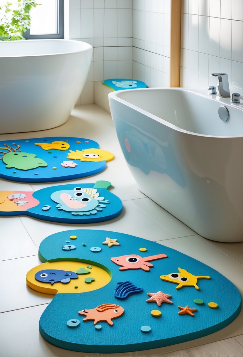 A bright kids bathroom with colorful non-slip foam bath mats featuring playful designs placed near the bathtub and sink.