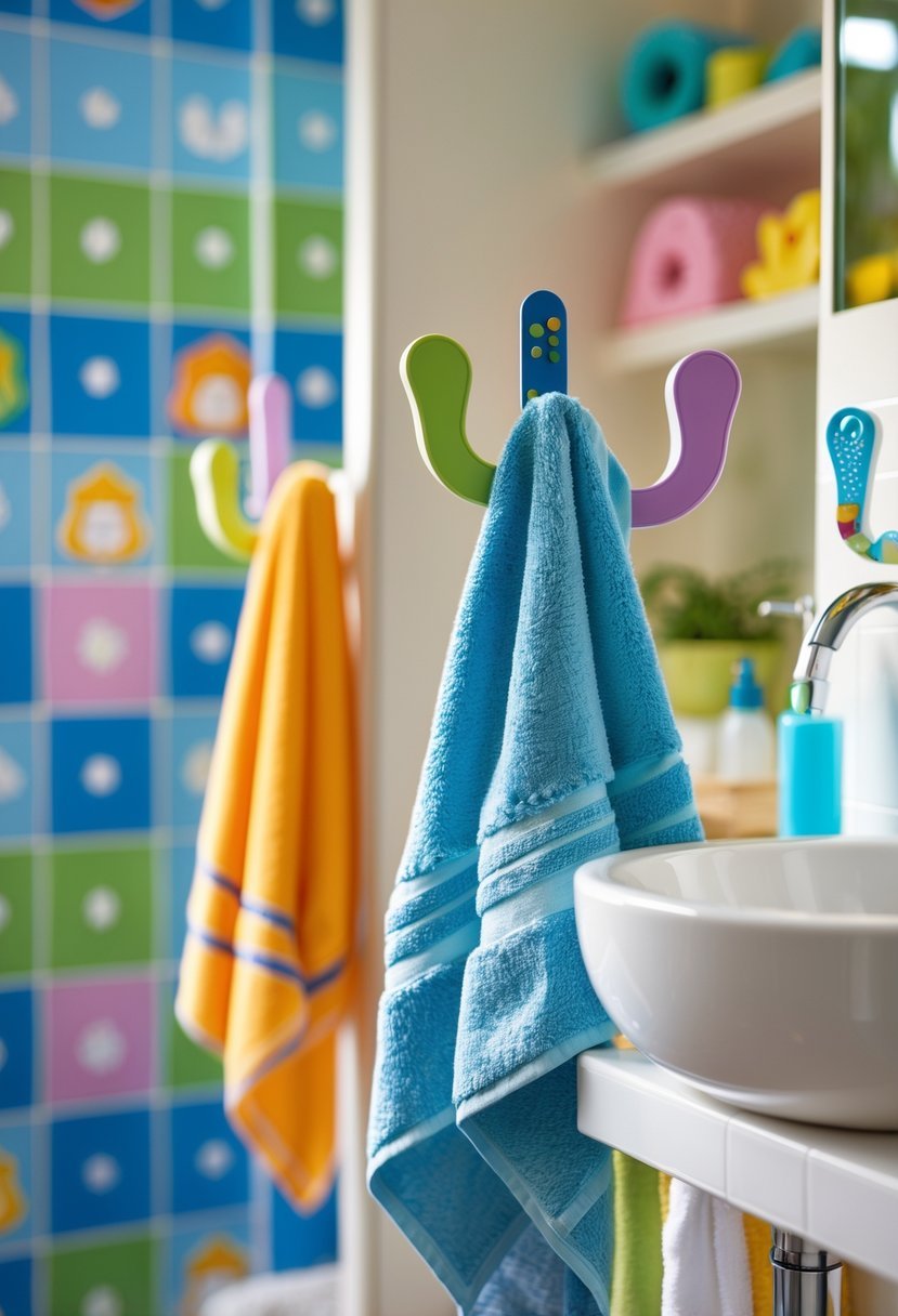 A kids bathroom with low towel hooks holding colorful towels, a small sink, and bright decor designed for children.