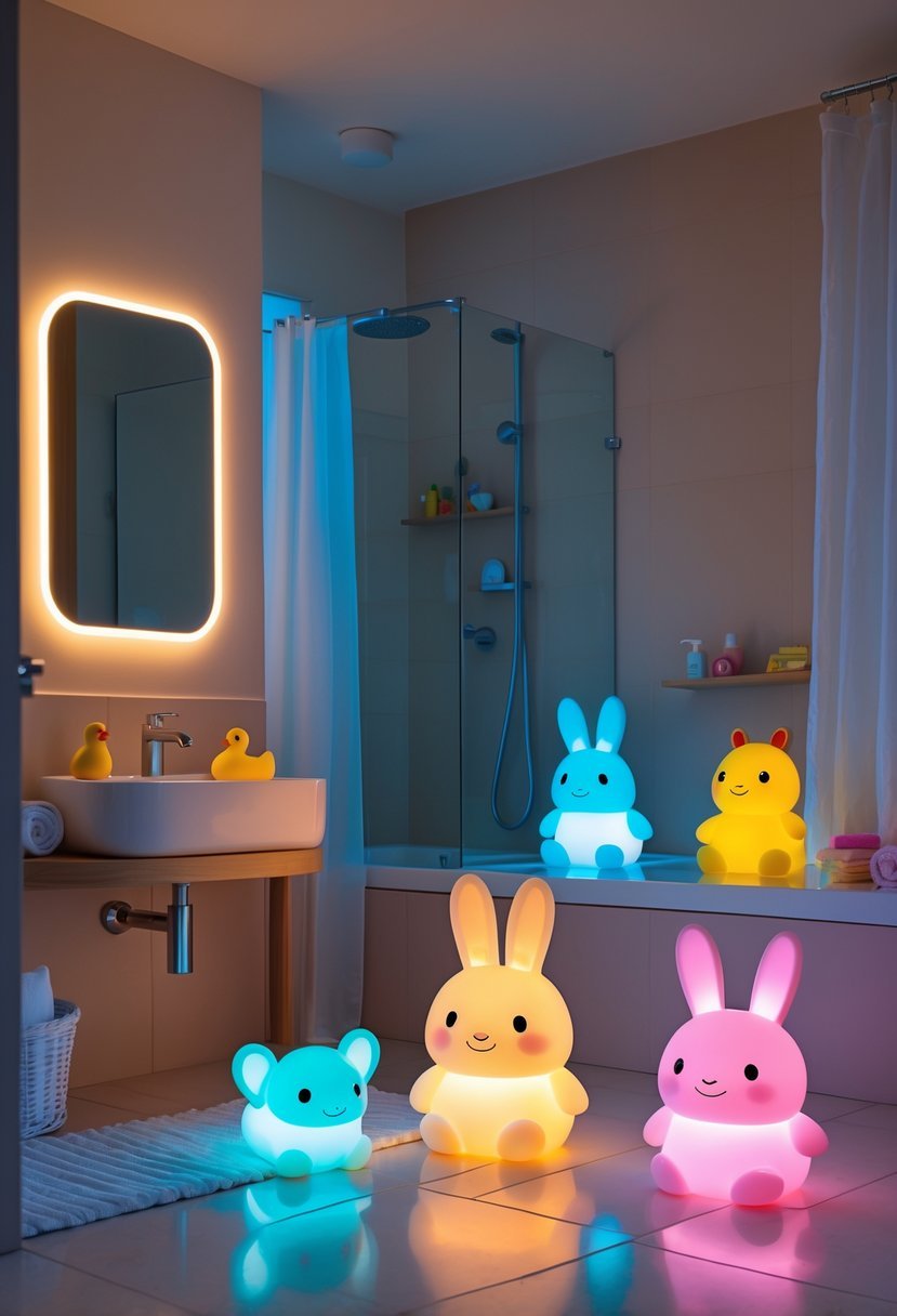 Children's bathroom with animal-shaped LED nightlights glowing softly in a clean and colorful setting.