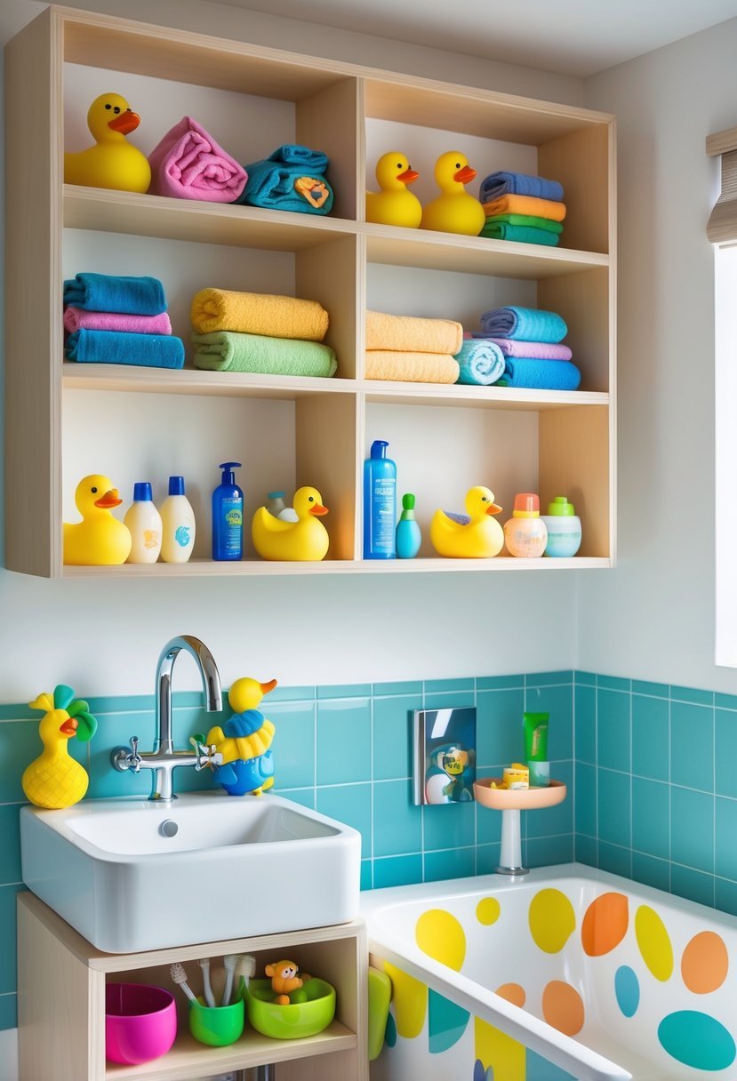 A kids bathroom with open shelves holding colorful bath essentials like towels and toys above a small sink and bathtub.