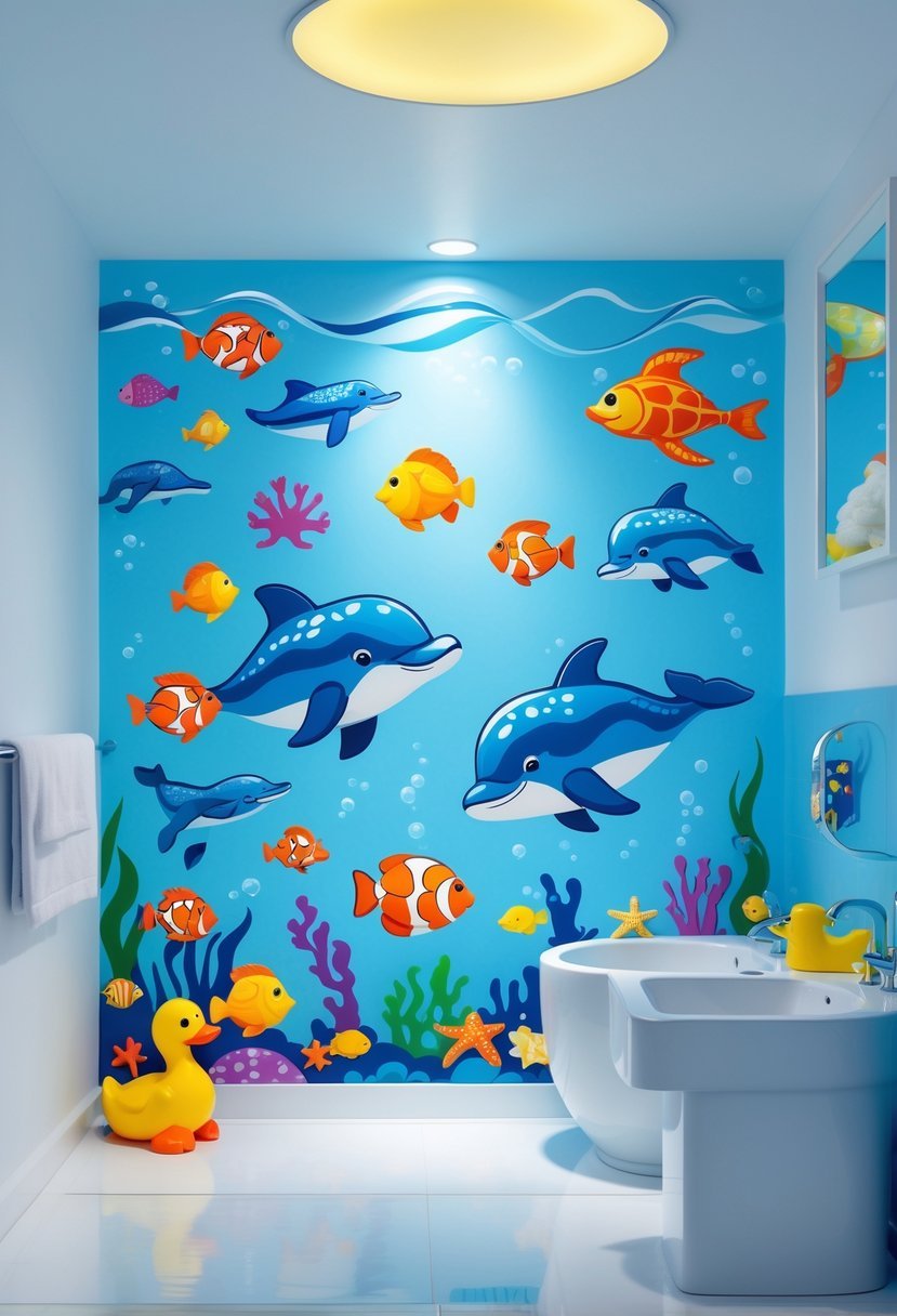 A kids' bathroom with colorful sea creature wall art and child-sized fixtures.