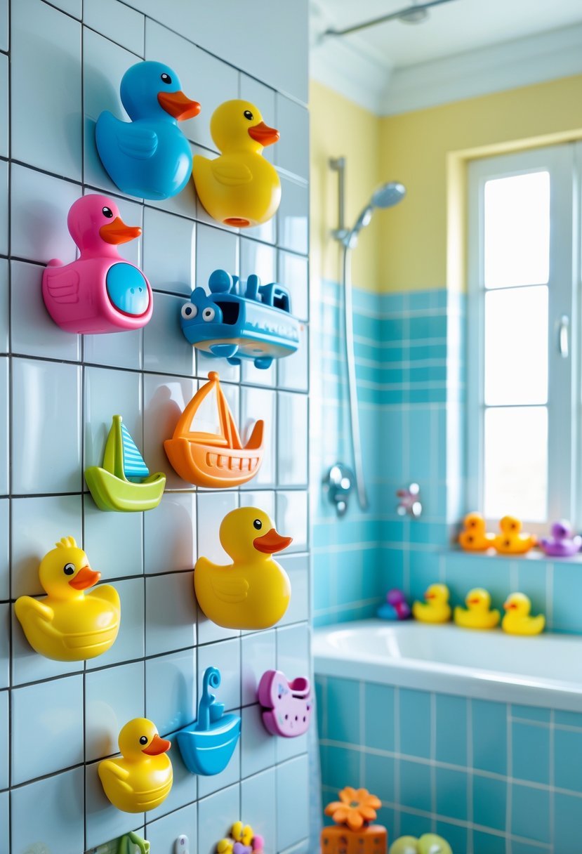 Children's bathroom with colorful magnetic bath toy holders and various bath toys organized near a bathtub.