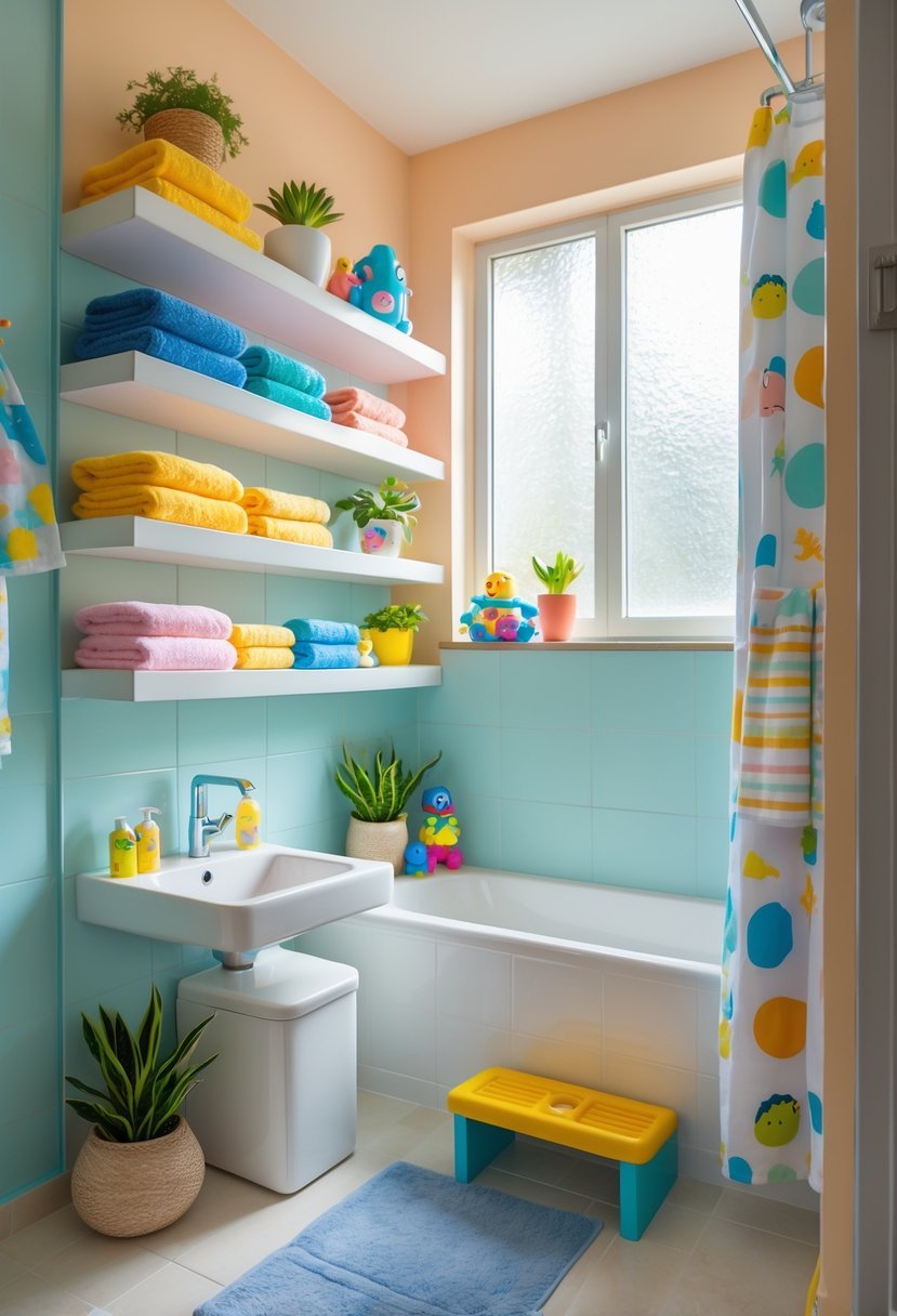 A kids' bathroom with floating shelves holding towels, bath toys, and bathroom essentials above a small sink and bathtub.
