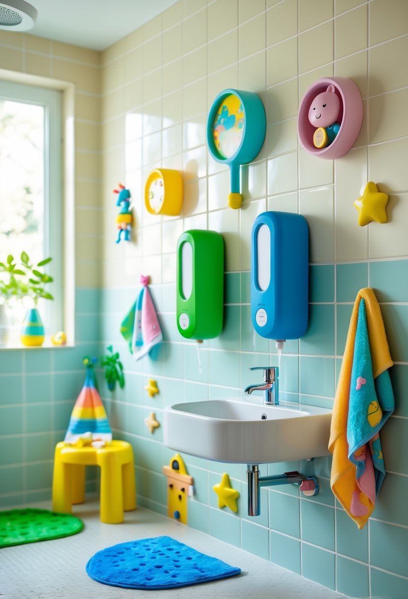 A kids' bathroom with wall-mounted soap dispensers, a small sink, colorful towels, and playful decor.