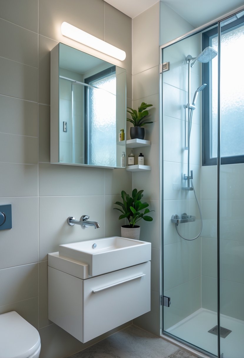 A small bathroom with a sink, mirror, glass shower, shelves with toiletries, and a potted plant near a frosted window.