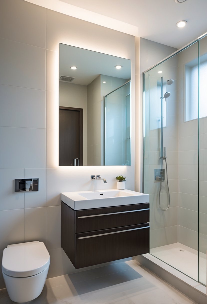 A small bathroom with a wall-mounted vanity, a floating sink, a large mirror, and visible floor space.