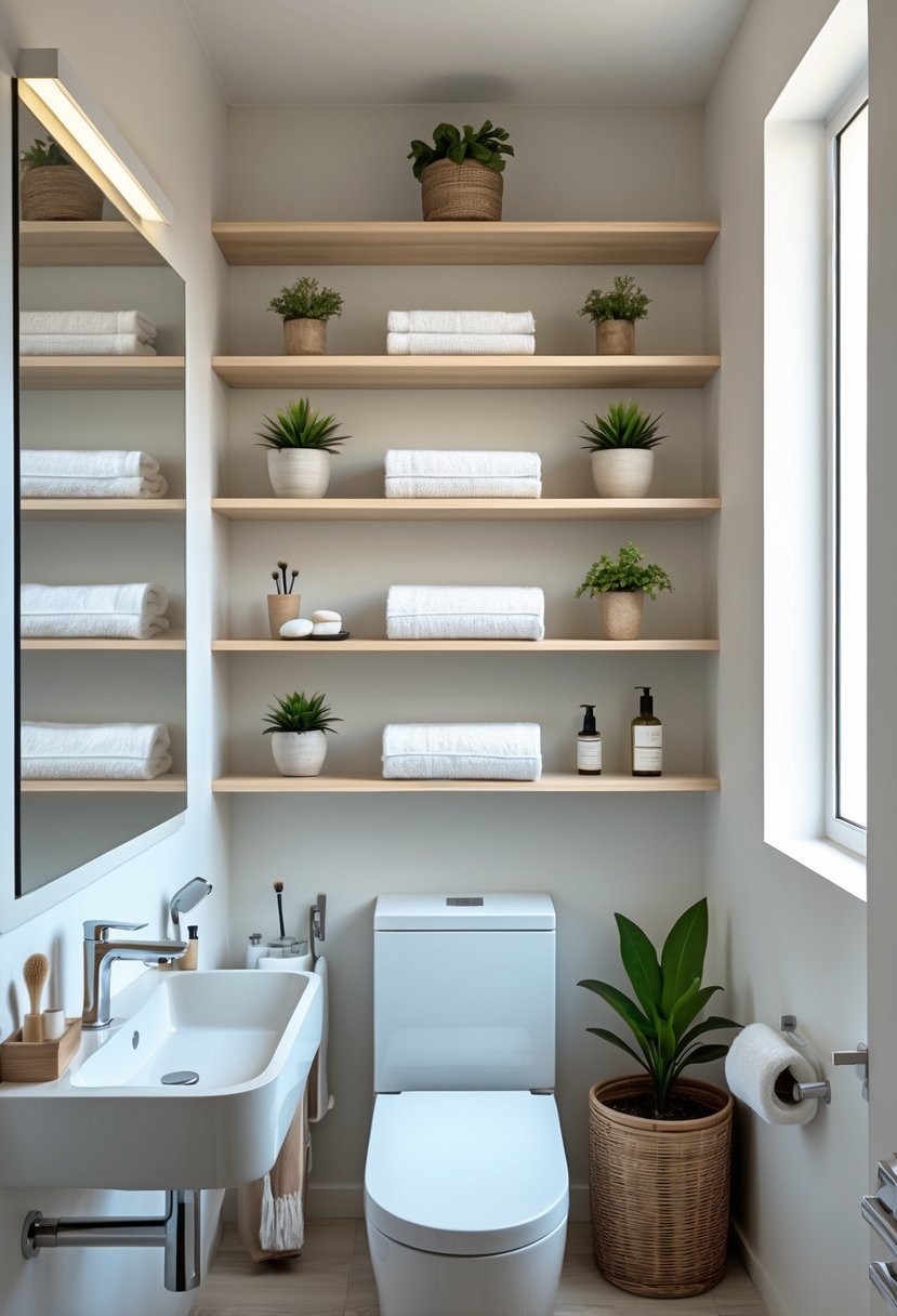 A small bathroom with floating shelves holding towels and toiletries above a compact sink.