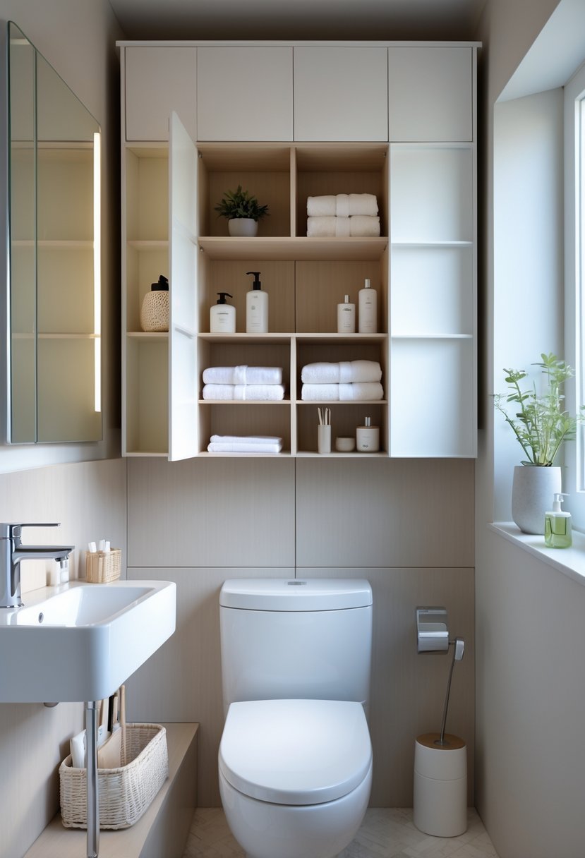 Small bathroom with over-the-toilet storage cabinets neatly organized above a white toilet.