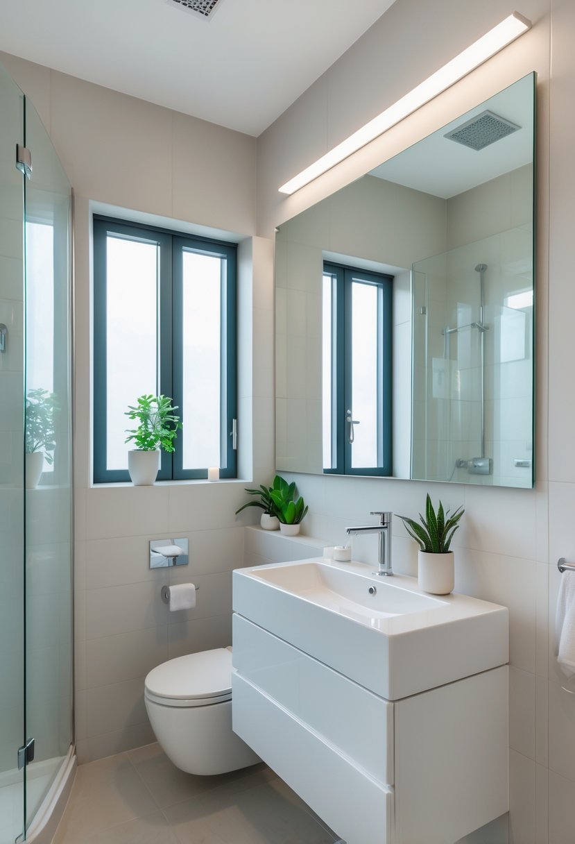 Small bathroom with a large mirror above the sink reflecting light and making the space appear bigger.