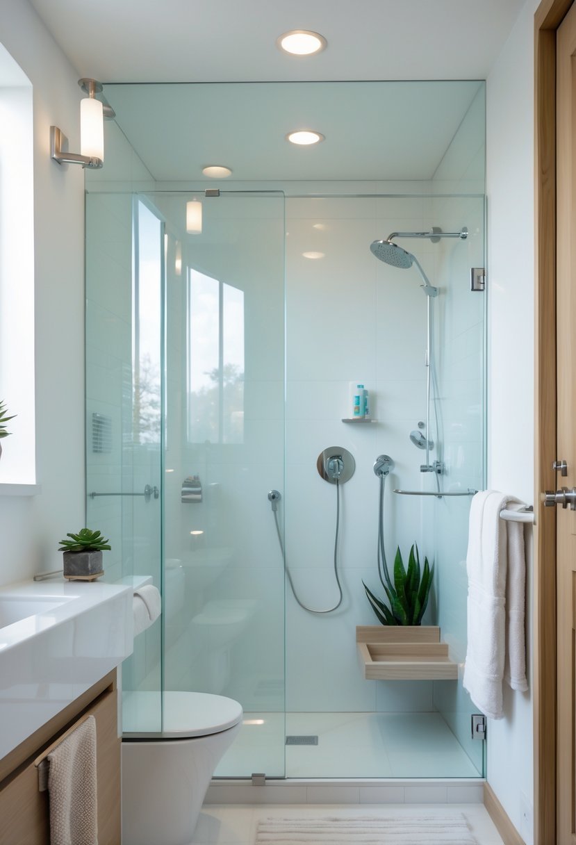 A small bathroom with a clear glass shower enclosure, a compact vanity, and bright natural lighting.