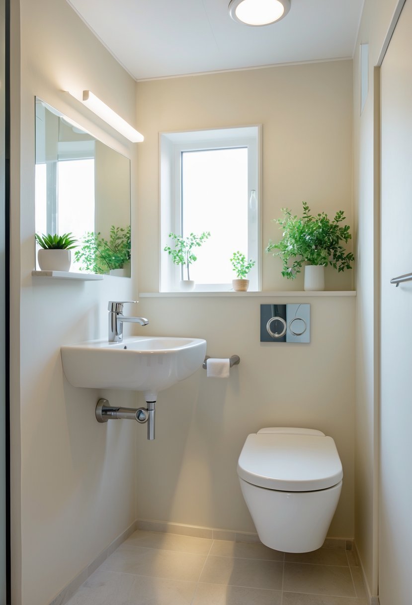 A small bathroom with light-colored walls, a sink, mirror, toilet, and a small plant on a shelf.