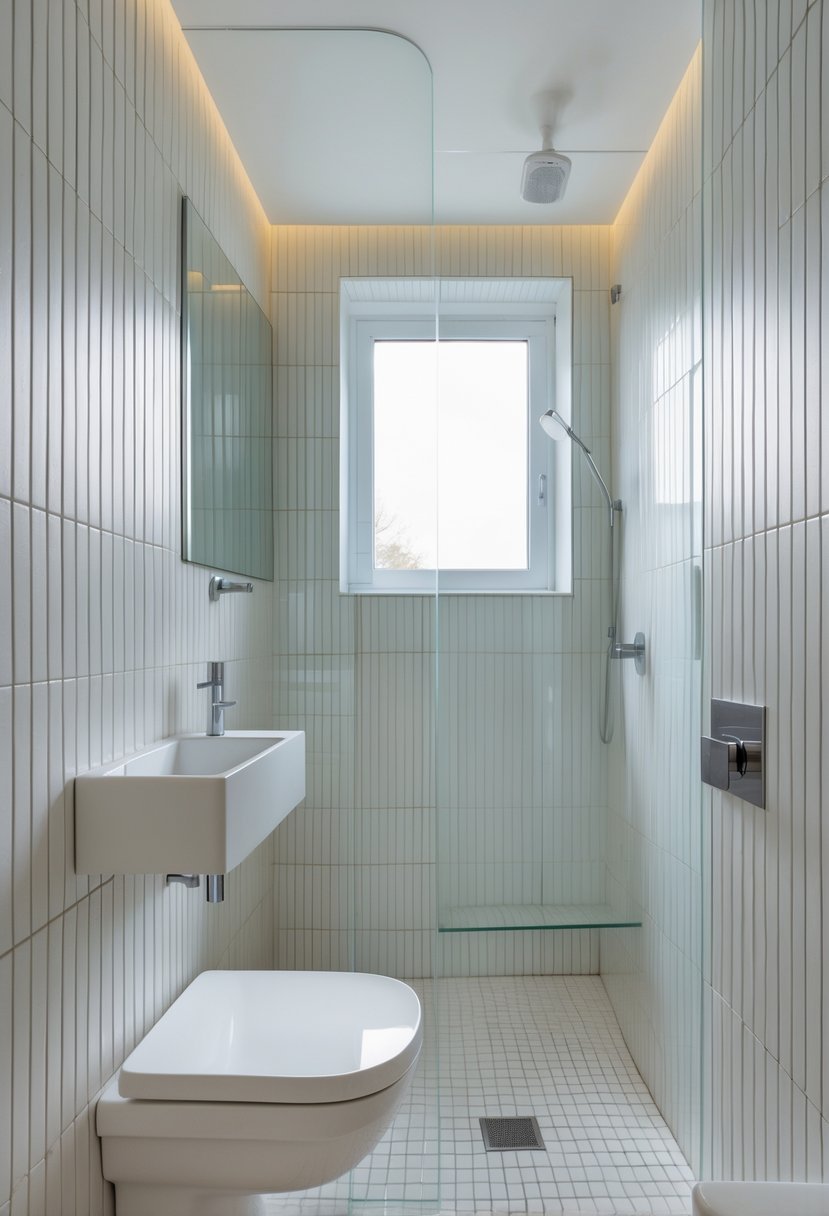 A small bathroom with vertical tiles on the walls, a white sink, mirror, and a small shower area.
