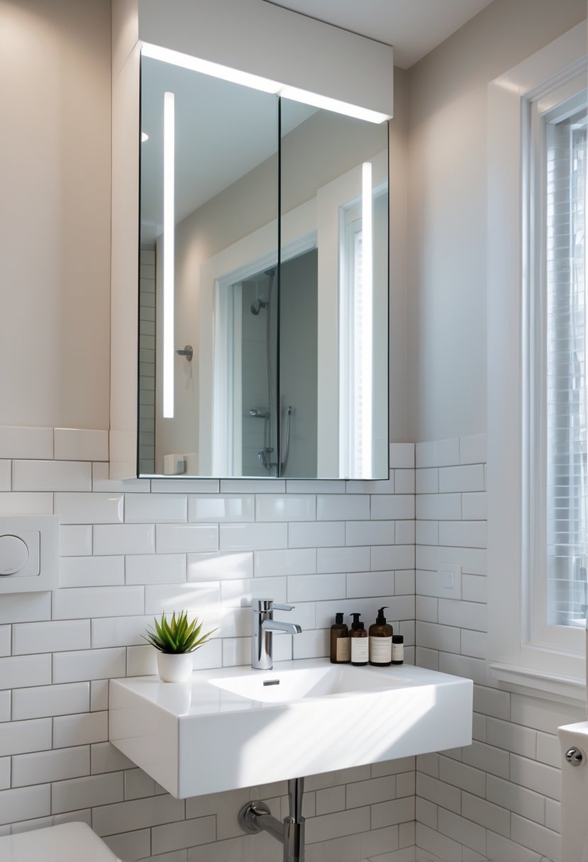A small bathroom with a recessed medicine cabinet installed in the wall above a floating sink vanity.