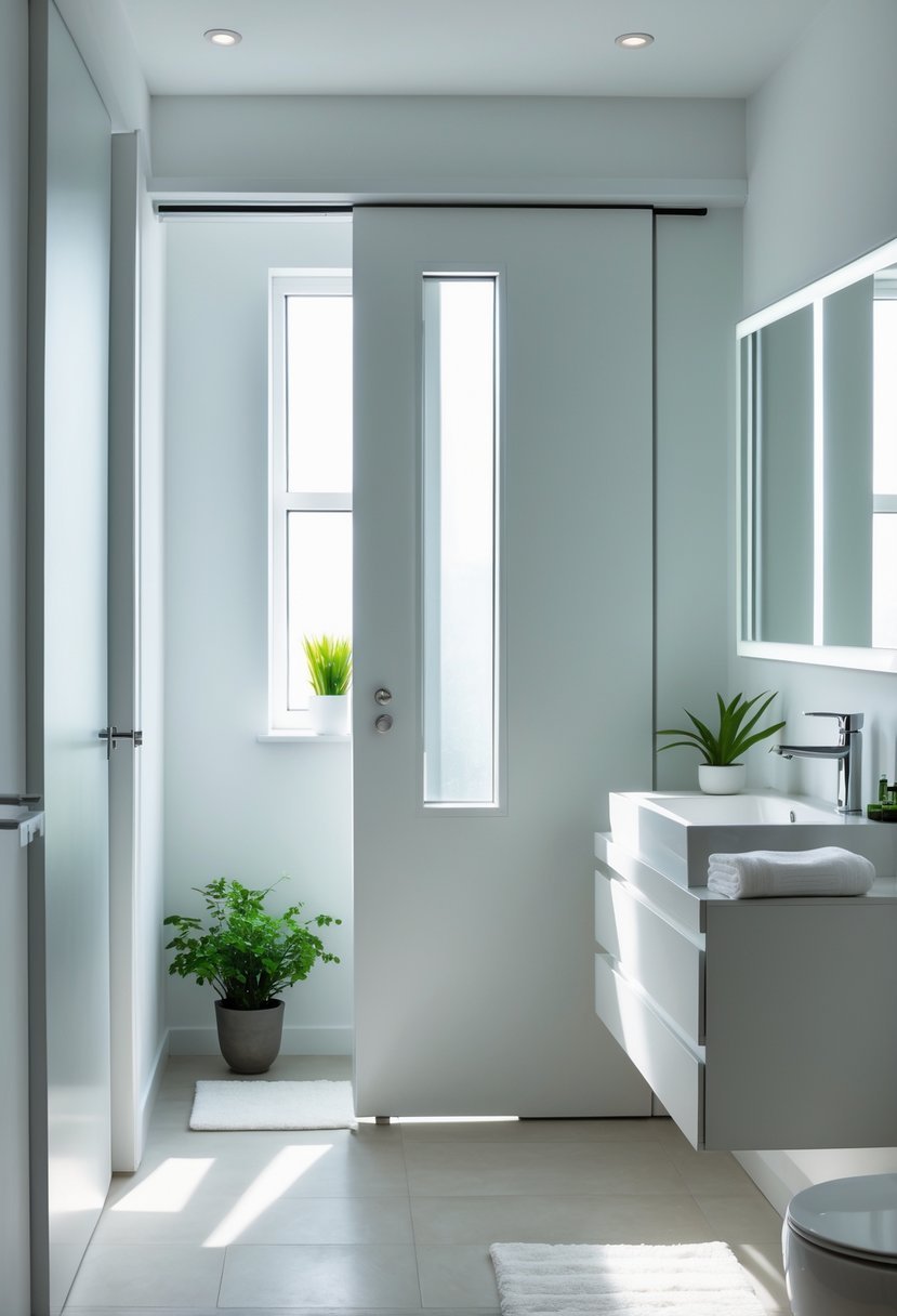 A small bathroom with a pocket door partially open, featuring a white vanity, mirror, and natural light coming through a window.