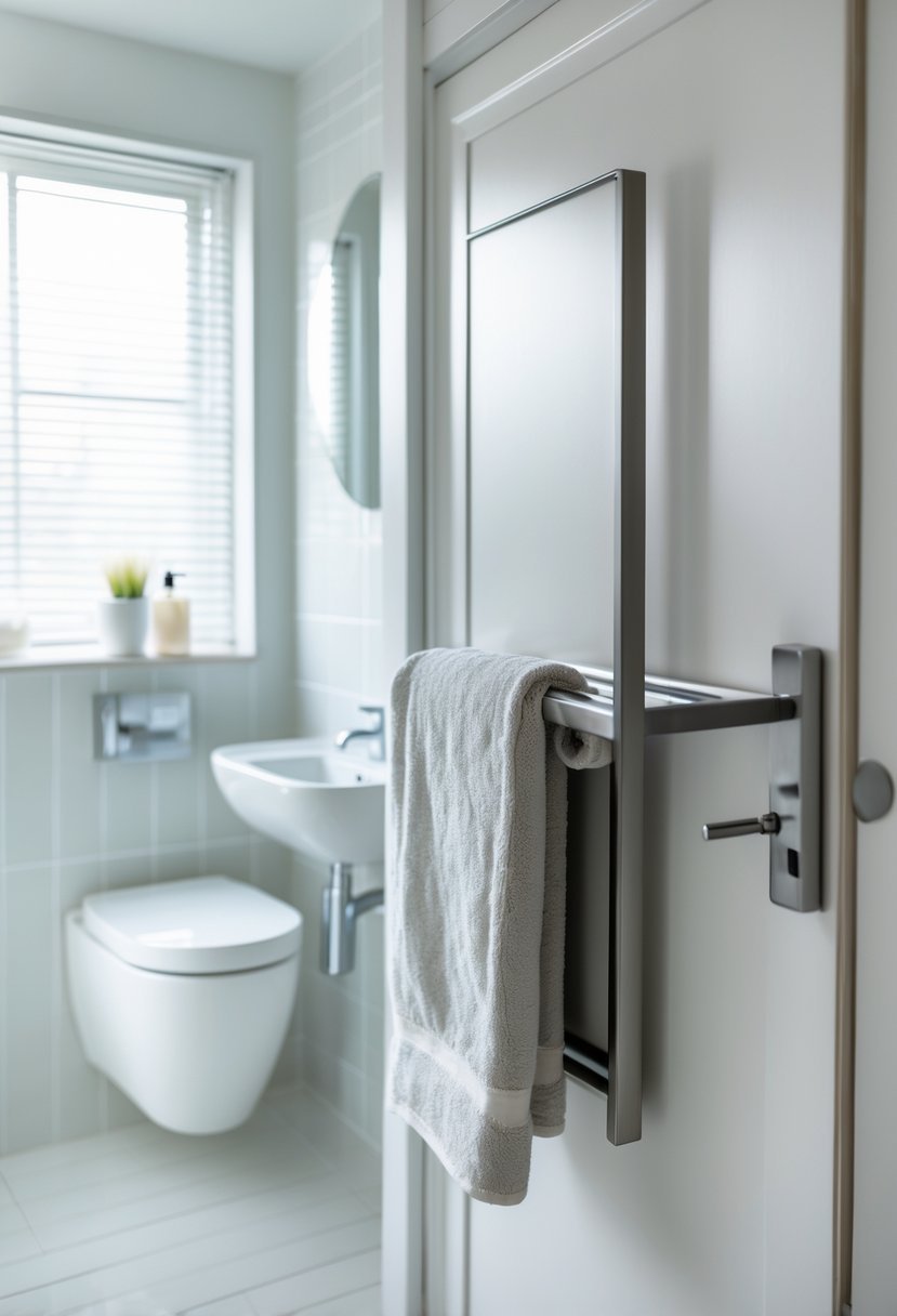 Small bathroom with a towel rack mounted on the back of the door holding towels, a sink, and a mirror.