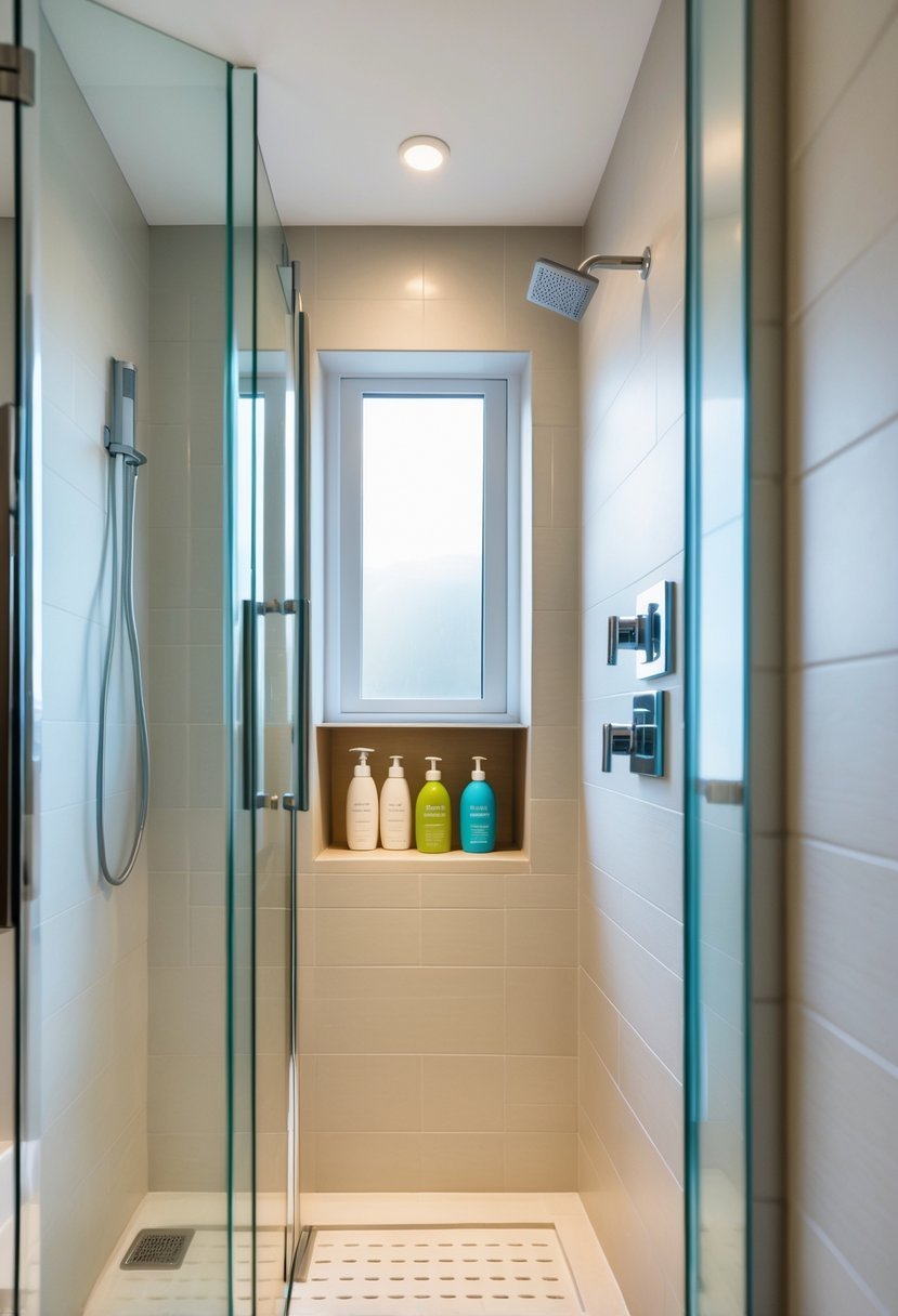 Small bathroom with a glass shower featuring a built-in niche holding toiletries.