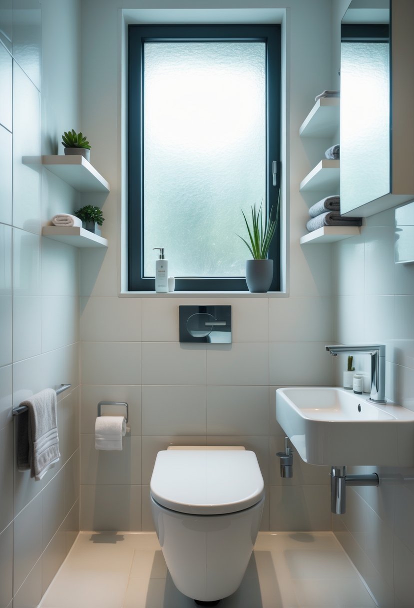 A small, modern bathroom with a compact space-saving toilet and minimalistic fixtures.